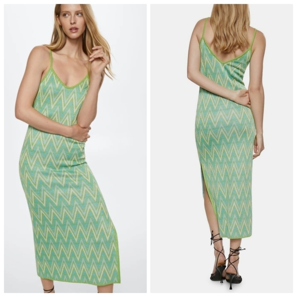New Mango Chevron-Print Lurex Knit Midi Dress NWT Size 4 US / Small